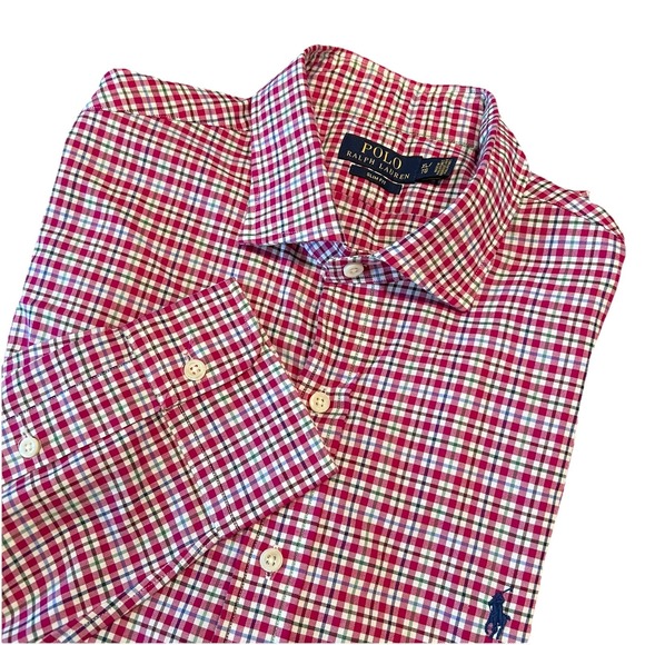 Polo Ralph Lauren Other - Polo Ralph Lauren Men's XL/TG Dark Pink Plaid‎ Slim Fit Long Sleeve Blue Pony